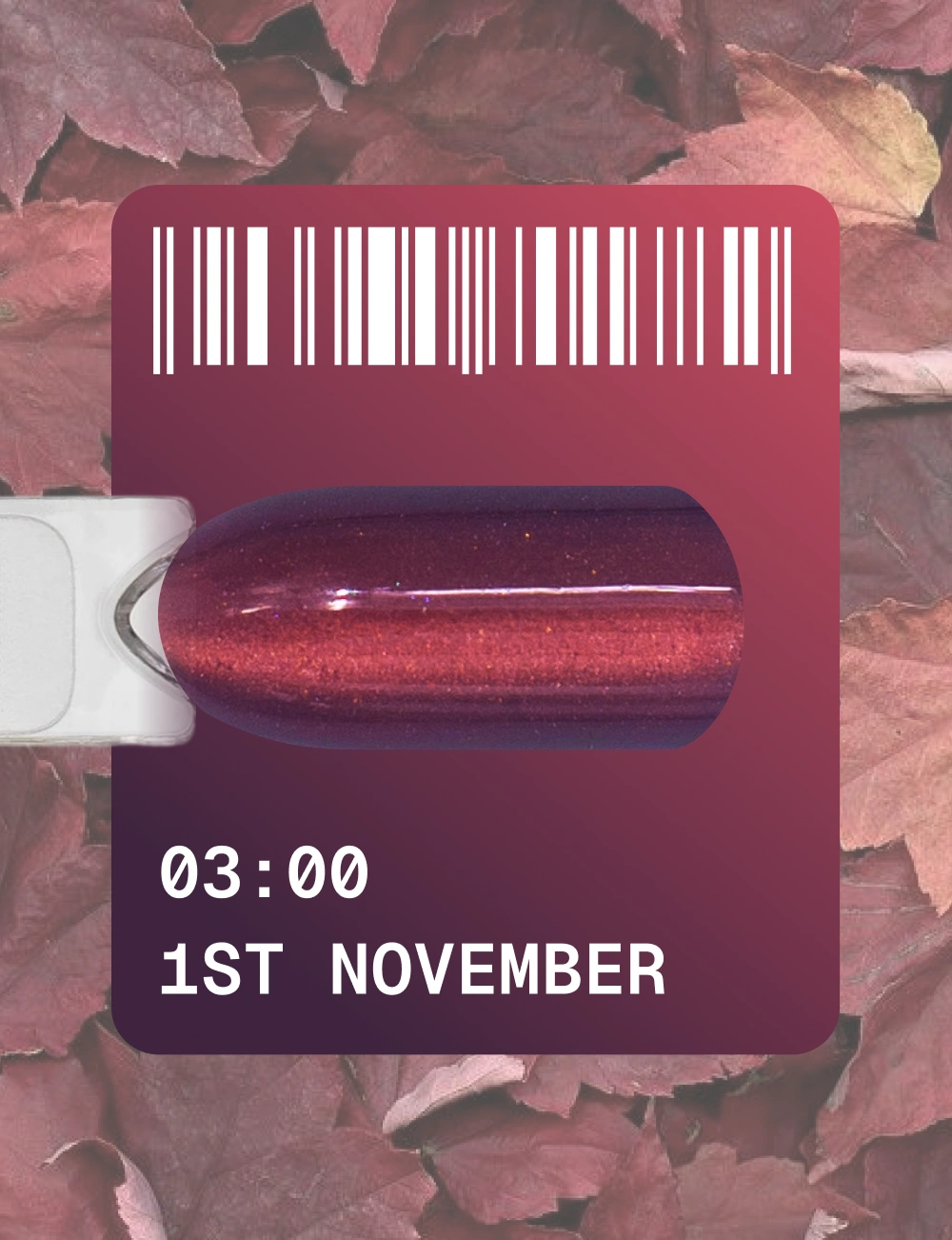 1st November е колекция, вдъхновена от променящите се цветове на есенния ден. Дневното небе бавно губи яркостта си, настъпва ранен здрач, светлините се появяват в прозорците и градът се превръща в дълбоки, почти черни нюанси на нощта. На 1 ноември това движение на светлината се трансформира в палитра. Всеки гел лак има свой собствен час – от 01:00 до 12:00 часа. Дванадесет кадъра от един ден са заснети в цвят. 12 часа. 12 цвята. Един ден – 1 ноември. Колекцията включва 12 цвята в сезонна палитра: наситено червено и бордо, тъмносиньо, кафяво и зелено. Коприненият ефект „Котешко око“ подчертава дълбочината на всеки цвят и се променя в зависимост от позицията на магнита, създавайки различни опции за отражение. Подходящ за създаване на плътни покрития тип „котешко око“, дизайни със стъклен ефект и дълбоки есенно-зимни визии за нокти. Обем 12 мл гел лак е оптималният капацитет за салони и студиа. Идентификационен номер на цвета Незабавно разпознаване на нюанса благодарение на големия Color ID отстрани на бутилката. Четка от ново поколение Синтетичните високотехнологични влакна имат оптимална еластичност и заоблена форма, заострени на върха. Те осигуряват по-прецизно нанасяне в областта на кутикулата и равномерно разпределение на материала. Подходящата дължина на четката позволява да използвате гел лак до последната капка. Ергономична капачка Калибрираните параметри: 15 мм в диаметър и 40 мм дължина намаляват натоварването на ръката и осигуряват работа без пренапрежение. Интеграция в пространството Бялата матова бутилка с минималистичен дизайн органично се вписва в интериора на концептуални салони и модерни студия. ЗАЩО ЩЕ ГО ОБОЖАВАШ? Ултрафините магнитни частици реагират мигновено на магнита, образувайки ясен и контролиран отблясък. 1 ноември има витражна основа: в един слой запазва лек полупрозрачен ефект, в два слоя става по-наситен и дълбок. 12 от най-популярните цветове „Котешко око“, които клиентите вече активно избират. цветно настроение