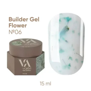 Valeri Builder Gel Flower е колекция от изграждащи гелове с нежни цветни сухи цветя, които придават особен чар и леко флорално настроение на маникюра. Геловете са подходящи както за удължаване на ноктите, така и за корекция и укрепване на нокътната плочка. Това е нискотемпературен гел с висока степен на адхезия, твърд, със средна плътност (по-близо до гъста), благодарение на което се самонивелира добре, но не се разтича. Декоративните включвания създават деликатен дизайнерски ефект без допълнителни материали. Лесен за нанасяне и добре държи нокътната арка. Геловете Valeri се използват в трифазна система. Благодарение на комфортната им консистенция, можете да работите с техники без прах или с минимално прах. Обем: 15 мл без четка. Технология на приложение: Подгответе нокътната плочка: отстранете предишното покритие, извършете механична подготовка на нокътя, изпилете формата и направете маникюр. Обезмаслете нокътната плочка с Valeri Nail Prep&Cleanser 3in1 и нанесете Valeri Dehydrator и Valeri Ultrabond. Нанесете основен слой Valeri Rubber Base или Valeri Cold Base върху целия нокът и го изпечете в UV/LED лампа за 30–60 секунди. Нанесете избрания Valeri Builder Gel Flower с избраната от вас техника (удължаване или укрепване) и го изпечете в UV/LED лампа за 60–120 секунди. Изпилете формата и повърхността, ако е необходимо. Нанесете избрания Valeri Top и го изпечете в UV/LED лампа за 60–120 секунди. При използване на Valeri Rubber Top, дисперсионният слой трябва да се отстрани 2–3 минути след полимеризацията. Ако е необходимо, изпилете естествения нокът от вътрешната страна.