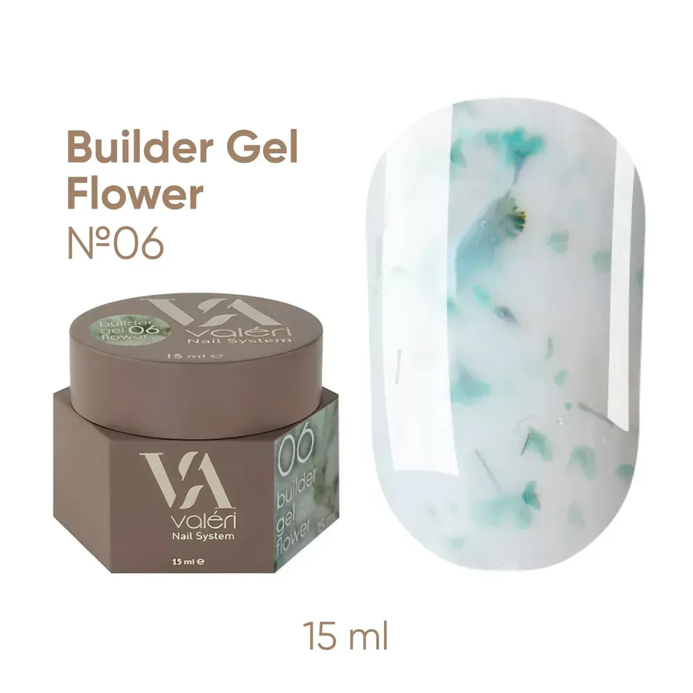 Valeri Builder Gel Flower е колекция от изграждащи гелове с нежни цветни сухи цветя, които придават особен чар и леко флорално настроение на маникюра. Геловете са подходящи както за удължаване на ноктите, така и за корекция и укрепване на нокътната плочка. Това е нискотемпературен гел с висока степен на адхезия, твърд, със средна плътност (по-близо до гъста), благодарение на което се самонивелира добре, но не се разтича. Декоративните включвания създават деликатен дизайнерски ефект без допълнителни материали. Лесен за нанасяне и добре държи нокътната арка. Геловете Valeri се използват в трифазна система. Благодарение на комфортната им консистенция, можете да работите с техники без прах или с минимално прах. Обем: 15 мл без четка. Технология на приложение: Подгответе нокътната плочка: отстранете предишното покритие, извършете механична подготовка на нокътя, изпилете формата и направете маникюр. Обезмаслете нокътната плочка с Valeri Nail Prep&Cleanser 3in1 и нанесете Valeri Dehydrator и Valeri Ultrabond. Нанесете основен слой Valeri Rubber Base или Valeri Cold Base върху целия нокът и го изпечете в UV/LED лампа за 30–60 секунди. Нанесете избрания Valeri Builder Gel Flower с избраната от вас техника (удължаване или укрепване) и го изпечете в UV/LED лампа за 60–120 секунди. Изпилете формата и повърхността, ако е необходимо. Нанесете избрания Valeri Top и го изпечете в UV/LED лампа за 60–120 секунди. При използване на Valeri Rubber Top, дисперсионният слой трябва да се отстрани 2–3 минути след полимеризацията. Ако е необходимо, изпилете естествения нокът от вътрешната страна.