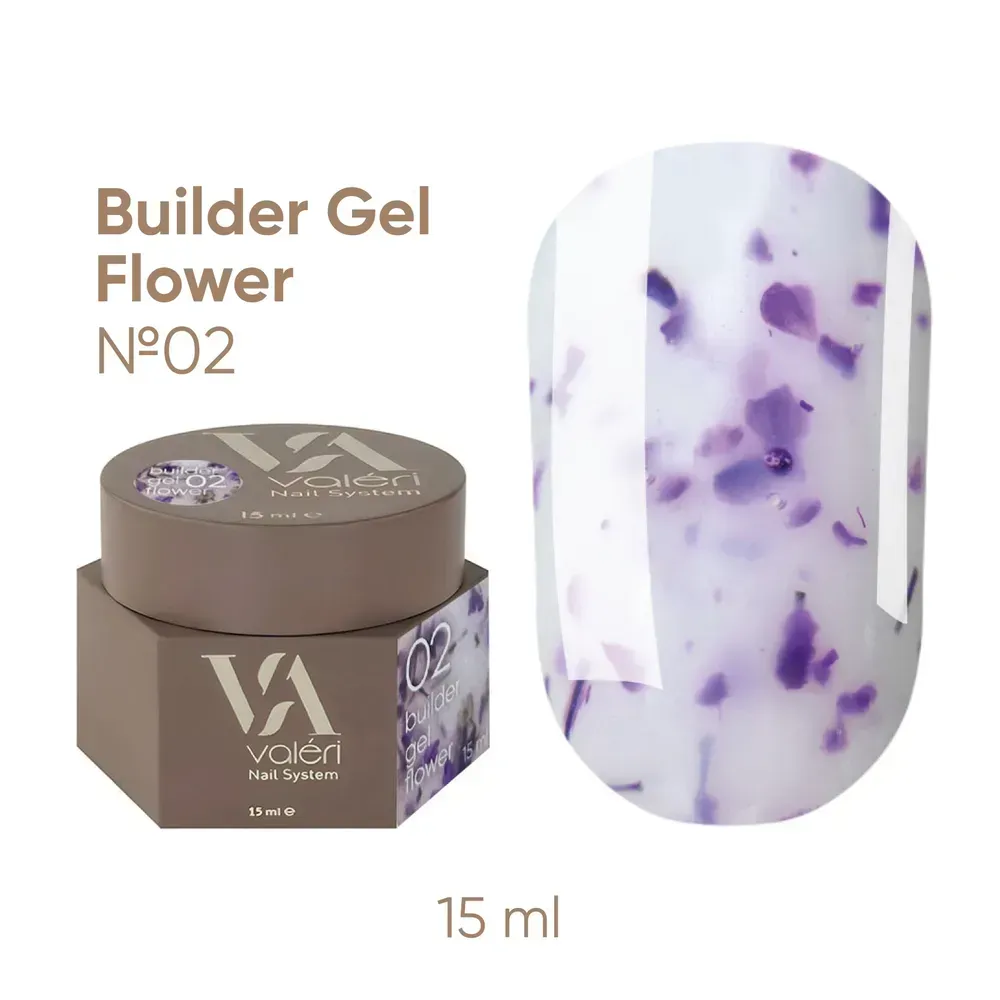 Valeri Builder Gel Flower е колекция от изграждащи гелове с нежни цветни сухи цветя, които придават особен чар и леко флорално настроение на маникюра. Геловете са подходящи както за удължаване на ноктите, така и за корекция и укрепване на нокътната плочка. Това е нискотемпературен гел с висока степен на адхезия, твърд, със средна плътност (по-близо до гъста), благодарение на което се самонивелира добре, но не се разтича. Декоративните включвания създават деликатен дизайнерски ефект без допълнителни материали. Лесен за нанасяне и добре държи нокътната арка. Геловете Valeri се използват в трифазна система. Благодарение на комфортната им консистенция, можете да работите с техники без прах или с минимално прах. Обем: 15 мл без четка. Технология на приложение: Подгответе нокътната плочка: отстранете предишното покритие, извършете механична подготовка на нокътя, изпилете формата и направете маникюр. Обезмаслете нокътната плочка с Valeri Nail Prep&Cleanser 3in1 и нанесете Valeri Dehydrator и Valeri Ultrabond. Нанесете основен слой Valeri Rubber Base или Valeri Cold Base върху целия нокът и го изпечете в UV/LED лампа за 30–60 секунди. Нанесете избрания Valeri Builder Gel Flower с избраната от вас техника (удължаване или укрепване) и го изпечете в UV/LED лампа за 60–120 секунди. Изпилете формата и повърхността, ако е необходимо. Нанесете избрания Valeri Top и го изпечете в UV/LED лампа за 60–120 секунди. При използване на Valeri Rubber Top, дисперсионният слой трябва да се отстрани 2–3 минути след полимеризацията. Ако е необходимо, изпилете естествения нокът от вътрешната страна.