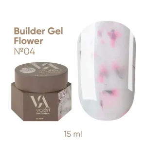 Valeri Builder Gel Flower е колекция от изграждащи гелове с нежни цветни сухи цветя, които придават особен чар и леко флорално настроение на маникюра. Геловете са подходящи както за удължаване на ноктите, така и за корекция и укрепване на нокътната плочка. Това е нискотемпературен гел с висока степен на адхезия, твърд, със средна плътност (по-близо до гъста), благодарение на което се самонивелира добре, но не се разтича. Декоративните включвания създават деликатен дизайнерски ефект без допълнителни материали. Лесен за нанасяне и добре държи нокътната арка. Геловете Valeri се използват в трифазна система. Благодарение на комфортната им консистенция, можете да работите с техники без прах или с минимално прах. Обем: 15 мл без четка. Технология на приложение: Подгответе нокътната плочка: отстранете предишното покритие, извършете механична подготовка на нокътя, изпилете формата и направете маникюр. Обезмаслете нокътната плочка с Valeri Nail Prep&Cleanser 3in1 и нанесете Valeri Dehydrator и Valeri Ultrabond. Нанесете основен слой Valeri Rubber Base или Valeri Cold Base върху целия нокът и го изпечете в UV/LED лампа за 30–60 секунди. Нанесете избрания Valeri Builder Gel Flower с избраната от вас техника (удължаване или укрепване) и го изпечете в UV/LED лампа за 60–120 секунди. Изпилете формата и повърхността, ако е необходимо. Нанесете избрания Valeri Top и го изпечете в UV/LED лампа за 60–120 секунди. При използване на Valeri Rubber Top, дисперсионният слой трябва да се отстрани 2–3 минути след полимеризацията. Ако е необходимо, изпилете естествения нокът от вътрешната страна.