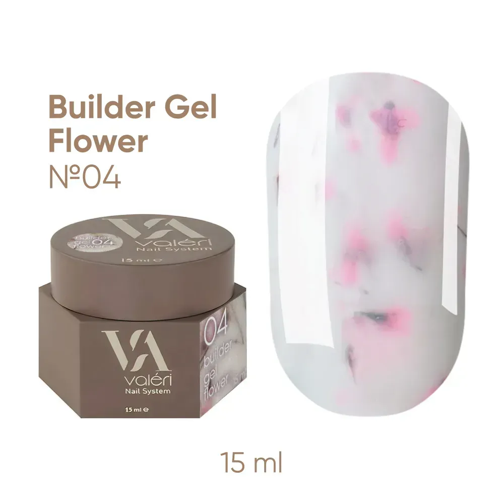 Valeri Builder Gel Flower е колекция от изграждащи гелове с нежни цветни сухи цветя, които придават особен чар и леко флорално настроение на маникюра. Геловете са подходящи както за удължаване на ноктите, така и за корекция и укрепване на нокътната плочка. Това е нискотемпературен гел с висока степен на адхезия, твърд, със средна плътност (по-близо до гъста), благодарение на което се самонивелира добре, но не се разтича. Декоративните включвания създават деликатен дизайнерски ефект без допълнителни материали. Лесен за нанасяне и добре държи нокътната арка. Геловете Valeri се използват в трифазна система. Благодарение на комфортната им консистенция, можете да работите с техники без прах или с минимално прах. Обем: 15 мл без четка. Технология на приложение: Подгответе нокътната плочка: отстранете предишното покритие, извършете механична подготовка на нокътя, изпилете формата и направете маникюр. Обезмаслете нокътната плочка с Valeri Nail Prep&Cleanser 3in1 и нанесете Valeri Dehydrator и Valeri Ultrabond. Нанесете основен слой Valeri Rubber Base или Valeri Cold Base върху целия нокът и го изпечете в UV/LED лампа за 30–60 секунди. Нанесете избрания Valeri Builder Gel Flower с избраната от вас техника (удължаване или укрепване) и го изпечете в UV/LED лампа за 60–120 секунди. Изпилете формата и повърхността, ако е необходимо. Нанесете избрания Valeri Top и го изпечете в UV/LED лампа за 60–120 секунди. При използване на Valeri Rubber Top, дисперсионният слой трябва да се отстрани 2–3 минути след полимеризацията. Ако е необходимо, изпилете естествения нокът от вътрешната страна.