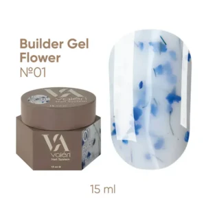 Valeri Builder Gel Flower е колекция от изграждащи гелове с нежни цветни сухи цветя, които придават особен чар и леко флорално настроение на маникюра. Геловете са подходящи както за удължаване на ноктите, така и за корекция и укрепване на нокътната плочка. Това е нискотемпературен гел с висока степен на адхезия, твърд, със средна плътност (по-близо до гъста), благодарение на което се самонивелира добре, но не се разтича. Декоративните включвания създават деликатен дизайнерски ефект без допълнителни материали. Лесен за нанасяне и добре държи нокътната арка. Геловете Valeri се използват в трифазна система. Благодарение на комфортната им консистенция, можете да работите с техники без прах или с минимално прах. Обем: 15 мл без четка. Технология на приложение: Подгответе нокътната плочка: отстранете предишното покритие, извършете механична подготовка на нокътя, изпилете формата и направете маникюр. Обезмаслете нокътната плочка с Valeri Nail Prep&Cleanser 3in1 и нанесете Valeri Dehydrator и Valeri Ultrabond. Нанесете основен слой Valeri Rubber Base или Valeri Cold Base върху целия нокът и го изпечете в UV/LED лампа за 30–60 секунди. Нанесете избрания Valeri Builder Gel Flower с избраната от вас техника (удължаване или укрепване) и го изпечете в UV/LED лампа за 60–120 секунди. Изпилете формата и повърхността, ако е необходимо. Нанесете избрания Valeri Top и го изпечете в UV/LED лампа за 60–120 секунди. При използване на Valeri Rubber Top, дисперсионният слой трябва да се отстрани 2–3 минути след полимеризацията. Ако е необходимо, изпилете естествения нокът от вътрешната страна.