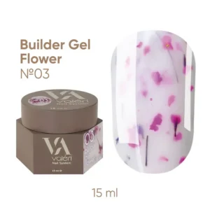 Valeri Builder Gel Flower е колекция от изграждащи гелове с нежни цветни сухи цветя, които придават особен чар и леко флорално настроение на маникюра. Геловете са подходящи както за удължаване на ноктите, така и за корекция и укрепване на нокътната плочка. Това е нискотемпературен гел с висока степен на адхезия, твърд, със средна плътност (по-близо до гъста), благодарение на което се самонивелира добре, но не се разтича. Декоративните включвания създават деликатен дизайнерски ефект без допълнителни материали. Лесен за нанасяне и добре държи нокътната арка. Геловете Valeri се използват в трифазна система. Благодарение на комфортната им консистенция, можете да работите с техники без прах или с минимално прах. Обем: 15 мл без четка. Технология на приложение: Подгответе нокътната плочка: отстранете предишното покритие, извършете механична подготовка на нокътя, изпилете формата и направете маникюр. Обезмаслете нокътната плочка с Valeri Nail Prep&Cleanser 3in1 и нанесете Valeri Dehydrator и Valeri Ultrabond. Нанесете основен слой Valeri Rubber Base или Valeri Cold Base върху целия нокът и го изпечете в UV/LED лампа за 30–60 секунди. Нанесете избрания Valeri Builder Gel Flower с избраната от вас техника (удължаване или укрепване) и го изпечете в UV/LED лампа за 60–120 секунди. Изпилете формата и повърхността, ако е необходимо. Нанесете избрания Valeri Top и го изпечете в UV/LED лампа за 60–120 секунди. При използване на Valeri Rubber Top, дисперсионният слой трябва да се отстрани 2–3 минути след полимеризацията. Ако е необходимо, изпилете естествения нокът от вътрешната страна.
