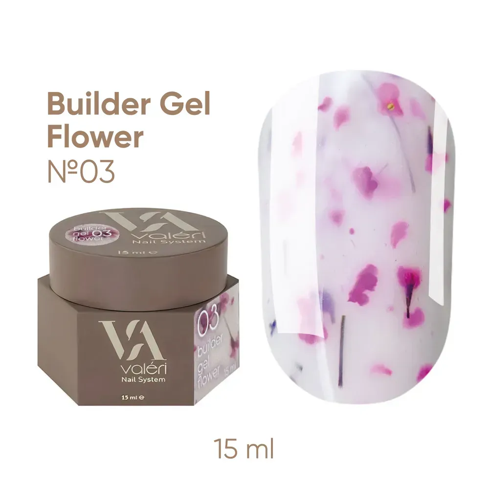 Valeri Builder Gel Flower е колекция от изграждащи гелове с нежни цветни сухи цветя, които придават особен чар и леко флорално настроение на маникюра. Геловете са подходящи както за удължаване на ноктите, така и за корекция и укрепване на нокътната плочка. Това е нискотемпературен гел с висока степен на адхезия, твърд, със средна плътност (по-близо до гъста), благодарение на което се самонивелира добре, но не се разтича. Декоративните включвания създават деликатен дизайнерски ефект без допълнителни материали. Лесен за нанасяне и добре държи нокътната арка. Геловете Valeri се използват в трифазна система. Благодарение на комфортната им консистенция, можете да работите с техники без прах или с минимално прах. Обем: 15 мл без четка. Технология на приложение: Подгответе нокътната плочка: отстранете предишното покритие, извършете механична подготовка на нокътя, изпилете формата и направете маникюр. Обезмаслете нокътната плочка с Valeri Nail Prep&Cleanser 3in1 и нанесете Valeri Dehydrator и Valeri Ultrabond. Нанесете основен слой Valeri Rubber Base или Valeri Cold Base върху целия нокът и го изпечете в UV/LED лампа за 30–60 секунди. Нанесете избрания Valeri Builder Gel Flower с избраната от вас техника (удължаване или укрепване) и го изпечете в UV/LED лампа за 60–120 секунди. Изпилете формата и повърхността, ако е необходимо. Нанесете избрания Valeri Top и го изпечете в UV/LED лампа за 60–120 секунди. При използване на Valeri Rubber Top, дисперсионният слой трябва да се отстрани 2–3 минути след полимеризацията. Ако е необходимо, изпилете естествения нокът от вътрешната страна.
