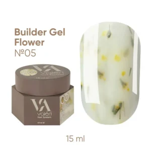 Valeri Builder Gel Flower е колекция от изграждащи гелове с нежни цветни сухи цветя, които придават особен чар и леко флорално настроение на маникюра. Геловете са подходящи както за удължаване на ноктите, така и за корекция и укрепване на нокътната плочка. Това е нискотемпературен гел с висока степен на адхезия, твърд, със средна плътност (по-близо до гъста), благодарение на което се самонивелира добре, но не се разтича. Декоративните включвания създават деликатен дизайнерски ефект без допълнителни материали. Лесен за нанасяне и добре държи нокътната арка. Геловете Valeri се използват в трифазна система. Благодарение на комфортната им консистенция, можете да работите с техники без прах или с минимално прах. Обем: 15 мл без четка. Технология на приложение: Подгответе нокътната плочка: отстранете предишното покритие, извършете механична подготовка на нокътя, изпилете формата и направете маникюр. Обезмаслете нокътната плочка с Valeri Nail Prep&Cleanser 3in1 и нанесете Valeri Dehydrator и Valeri Ultrabond. Нанесете основен слой Valeri Rubber Base или Valeri Cold Base върху целия нокът и го изпечете в UV/LED лампа за 30–60 секунди. Нанесете избрания Valeri Builder Gel Flower с избраната от вас техника (удължаване или укрепване) и го изпечете в UV/LED лампа за 60–120 секунди. Изпилете формата и повърхността, ако е необходимо. Нанесете избрания Valeri Top и го изпечете в UV/LED лампа за 60–120 секунди. При използване на Valeri Rubber Top, дисперсионният слой трябва да се отстрани 2–3 минути след полимеризацията. Ако е необходимо, изпилете естествения нокът от вътрешната страна.