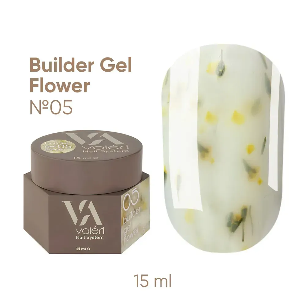 Valeri Builder Gel Flower е колекция от изграждащи гелове с нежни цветни сухи цветя, които придават особен чар и леко флорално настроение на маникюра. Геловете са подходящи както за удължаване на ноктите, така и за корекция и укрепване на нокътната плочка. Това е нискотемпературен гел с висока степен на адхезия, твърд, със средна плътност (по-близо до гъста), благодарение на което се самонивелира добре, но не се разтича. Декоративните включвания създават деликатен дизайнерски ефект без допълнителни материали. Лесен за нанасяне и добре държи нокътната арка. Геловете Valeri се използват в трифазна система. Благодарение на комфортната им консистенция, можете да работите с техники без прах или с минимално прах. Обем: 15 мл без четка. Технология на приложение: Подгответе нокътната плочка: отстранете предишното покритие, извършете механична подготовка на нокътя, изпилете формата и направете маникюр. Обезмаслете нокътната плочка с Valeri Nail Prep&Cleanser 3in1 и нанесете Valeri Dehydrator и Valeri Ultrabond. Нанесете основен слой Valeri Rubber Base или Valeri Cold Base върху целия нокът и го изпечете в UV/LED лампа за 30–60 секунди. Нанесете избрания Valeri Builder Gel Flower с избраната от вас техника (удължаване или укрепване) и го изпечете в UV/LED лампа за 60–120 секунди. Изпилете формата и повърхността, ако е необходимо. Нанесете избрания Valeri Top и го изпечете в UV/LED лампа за 60–120 секунди. При използване на Valeri Rubber Top, дисперсионният слой трябва да се отстрани 2–3 минути след полимеризацията. Ако е необходимо, изпилете естествения нокът от вътрешната страна.